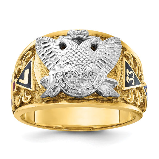 14k Two-tone Gold Men's Polished and Textured with Multi-color Enamel Active 33rd Degree Masonic Ring