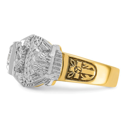 14k Two-tone Gold Men's Polished and Textured with Black Enamel and Diamond Double Eagle Masonic Shriner's Ring