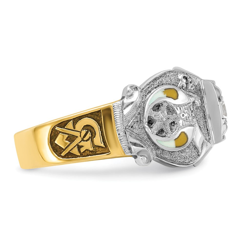 14k Two-tone Gold Men's Polished and Textured with Black Enamel and Diamond Double Eagle Masonic Shriner's Ring