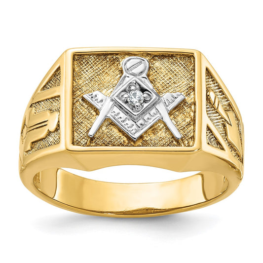 14k Yellow u0026 Rhodium Gold with White Rhodium Men's Polished and Textured Diamond Blue Lodge Master Masonic Ring