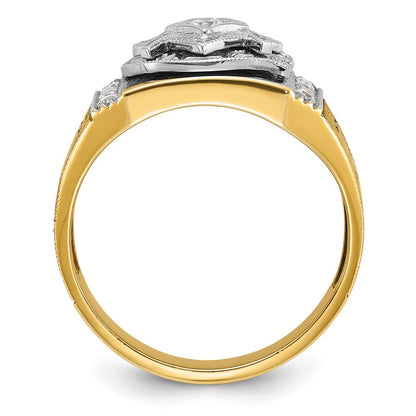 14k Two-tone Gold Men's Polished and Textured with Blue and Black Enamel Diamond Blue Lodge Master Masonic Ring