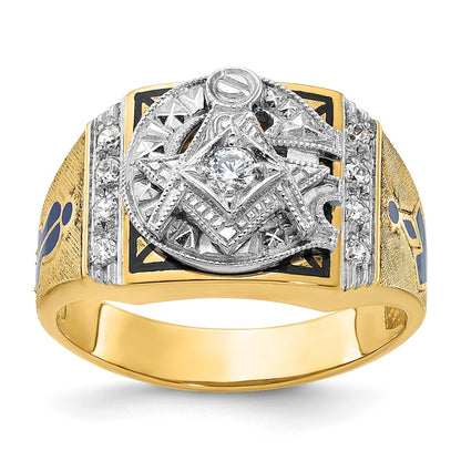 14k Two-tone Gold Men's Polished and Textured with Blue and Black Enamel Diamond Blue Lodge Master Masonic Ring