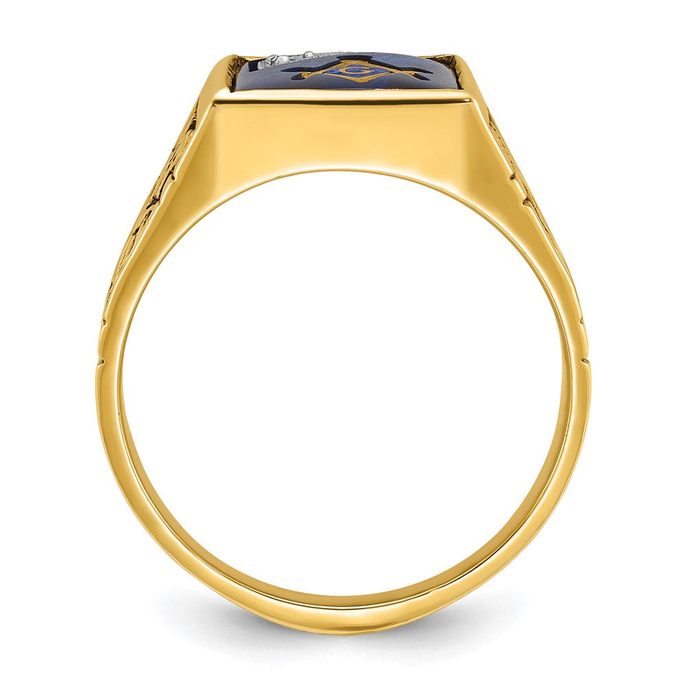 14k Two-tone Gold Men's Polished and Textured with Lab Created Sapphire and Diamond Blue Lodge Master Masonic Ring