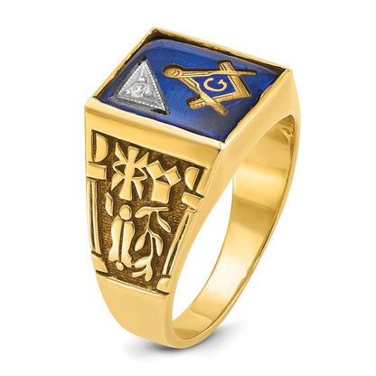14k Two-tone Gold Men's Polished and Textured with Lab Created Sapphire and Diamond Blue Lodge Master Masonic Ring