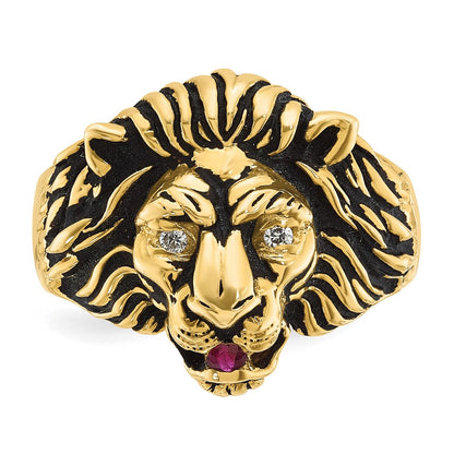 10K Yellow Gold Ibgoodman Men'S Diamond And Ruby Antiqued Lion Complete Ring