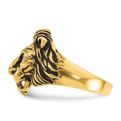 14k Yellow Gold Men's 1/20 carat Diamond and Ruby Antiqued Lion Complete Ring