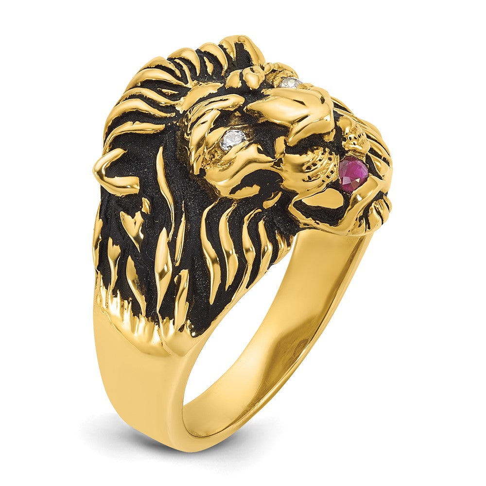 14k Yellow Gold Men's 1/20 carat Diamond and Ruby Antiqued Lion Complete Ring