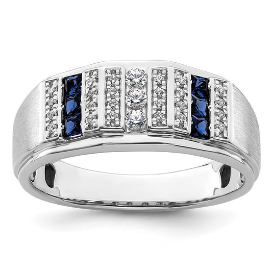 14k White Gold 1/5 Ct. Lab Grown Diamond VS/SI+ G+ and Lab Created Blue Sapphire Men's Ring