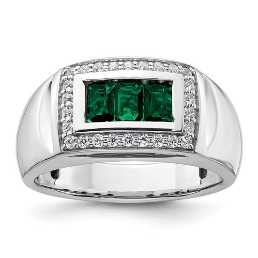 14k White Gold 1/3 Ct. Lab Grown Diamond VS/SI+ G+ and Created Emerald Men's Ring