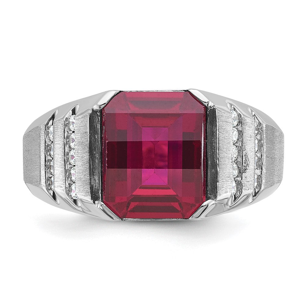 14k White Gold Men's Created Ruby and 1/5 carat Diamond Complete Ring