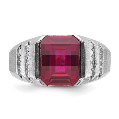 14k White Gold Men's Created Ruby and 1/5 carat Diamond Complete Ring