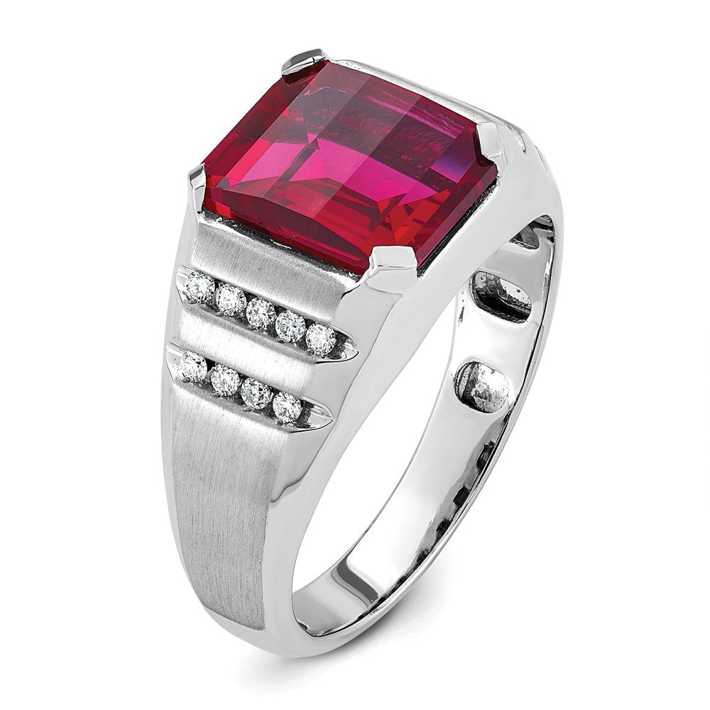 14k White Gold Men's Created Ruby and 1/5 carat Diamond Complete Ring
