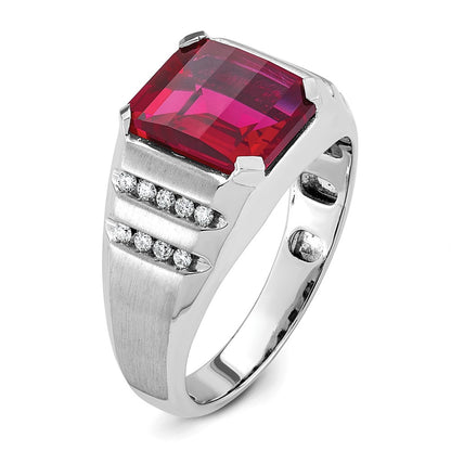 14k White Gold Men's Created Ruby and 1/5 carat Diamond Complete Ring