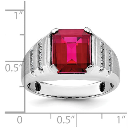 14k White Gold Men's Created Ruby and 1/5 carat Diamond Complete Ring