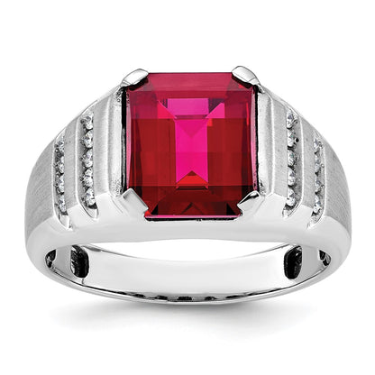 14k White Gold Men's Created Ruby and 1/5 carat Diamond Complete Ring
