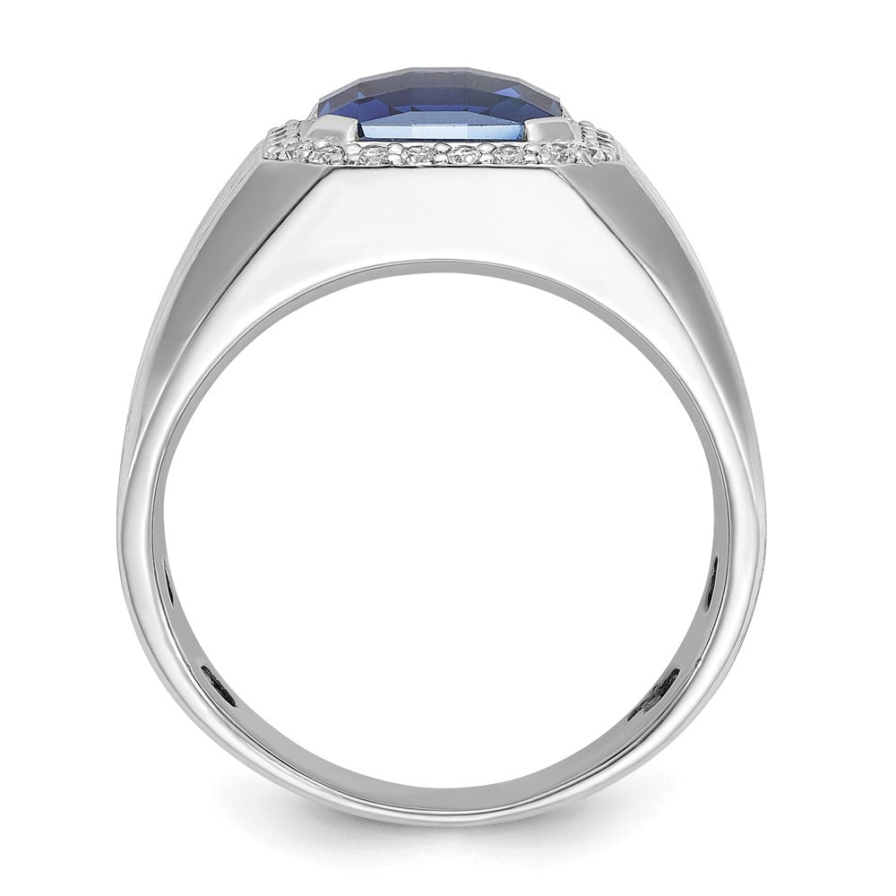 14k White Gold Men's Created Sapphire and 1/3 carat Diamond Complete Ring