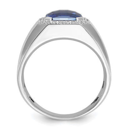 14k White Gold Men's Created Sapphire and 1/3 carat Diamond Complete Ring