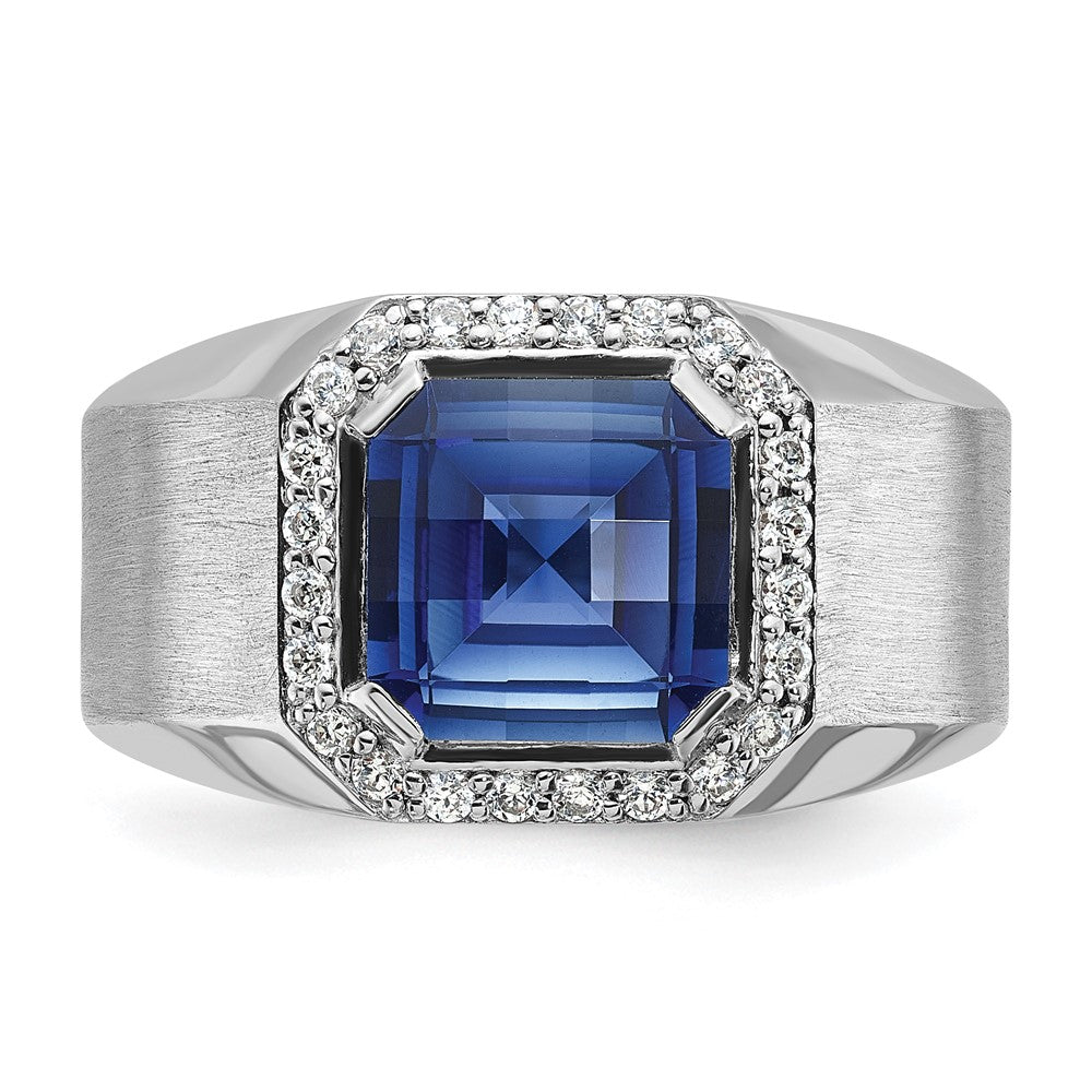 14k White Gold Men's Created Sapphire and 1/3 carat Diamond Complete Ring