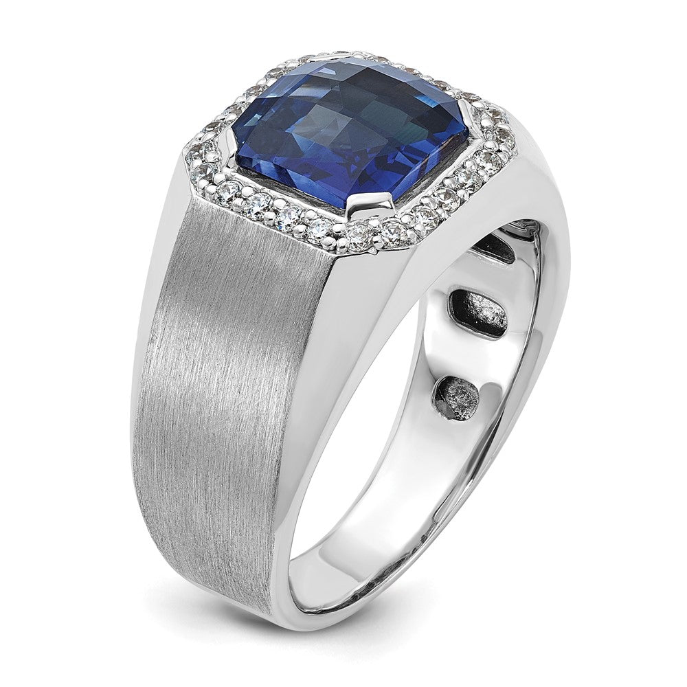 14k White Gold Men's Created Sapphire and 1/3 carat Diamond Complete Ring