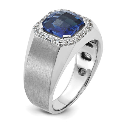 14k White Gold Men's Created Sapphire and 1/3 carat Diamond Complete Ring