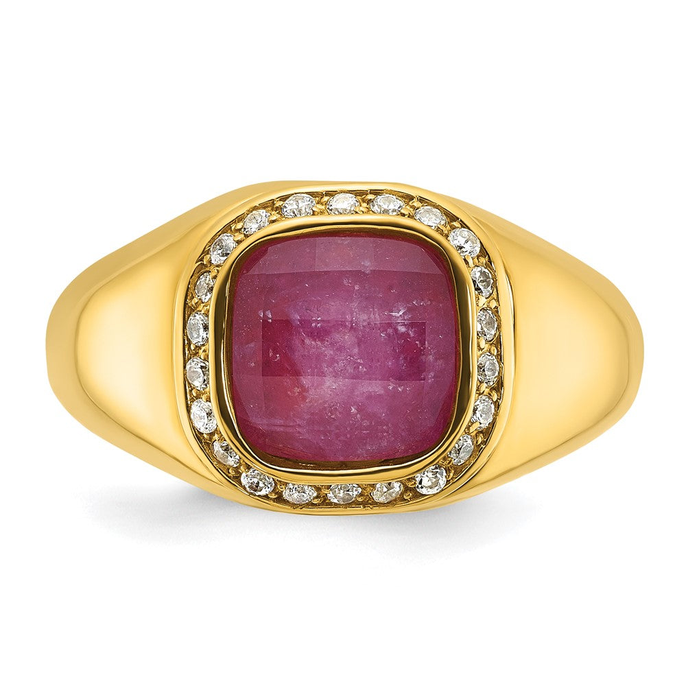 14k Yellow Gold Men's Ruby Doublet Stone and 1/5 carat Diamond Complete Ring