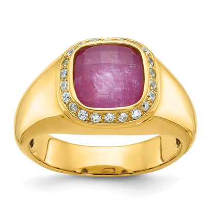 14k Yellow Gold Men's Ruby Doublet Stone and 1/5 carat Diamond Complete Ring