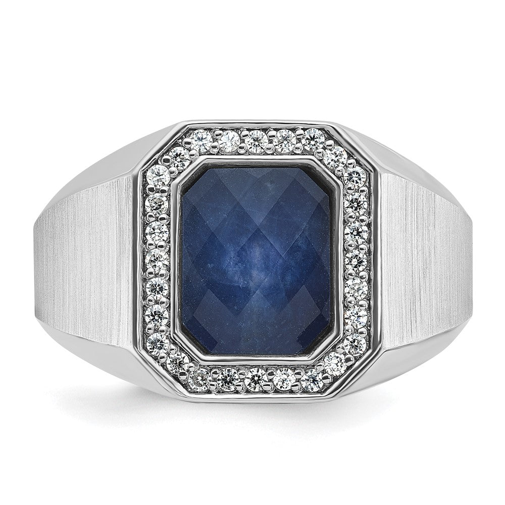 14k White Gold Men's Satin Sapphire Doublet Stone and 1/4 carat Diamond Complete Ring