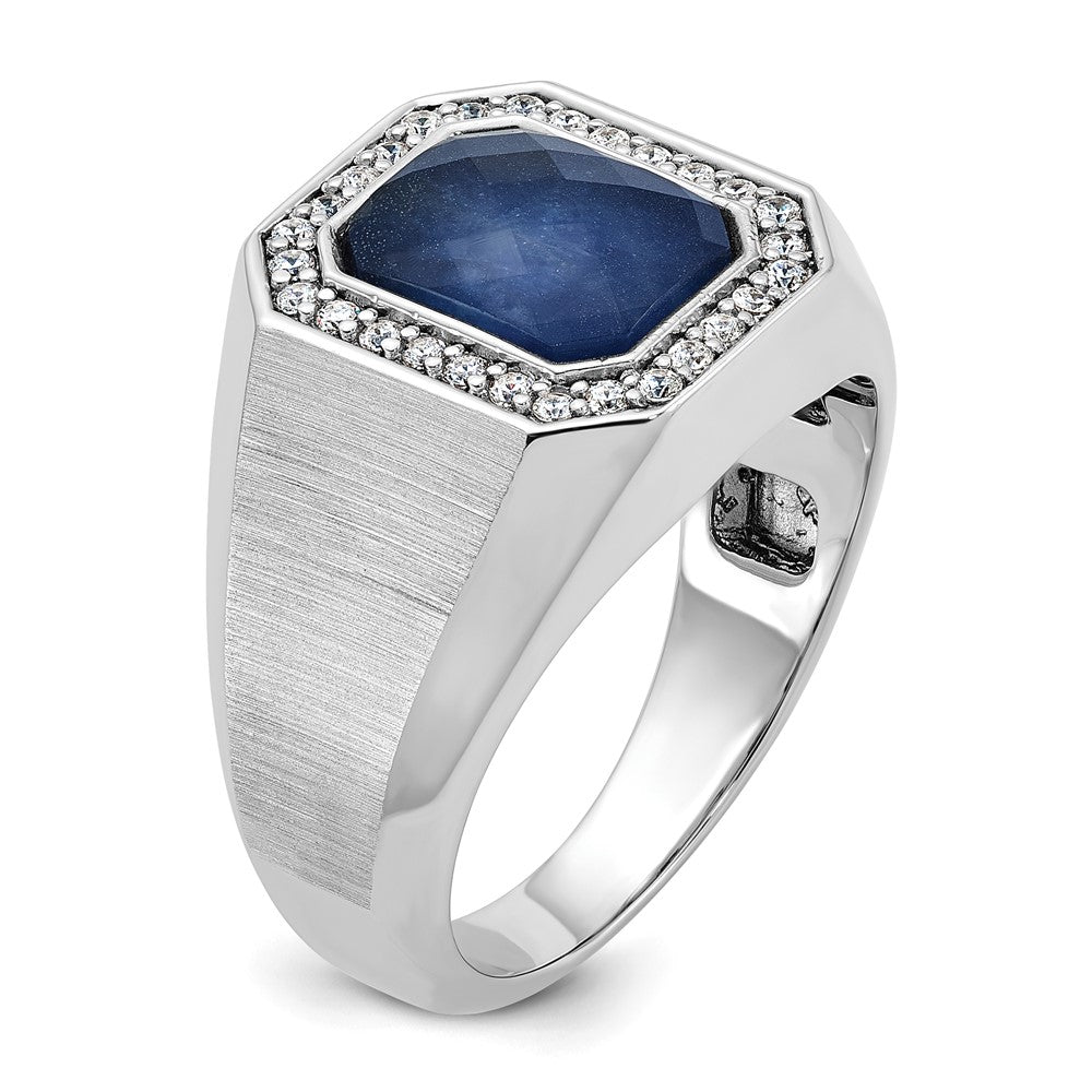 14k White Gold Men's Satin Sapphire Doublet Stone and 1/4 carat Diamond Complete Ring