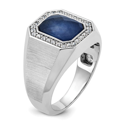 14k White Gold Men's Satin Sapphire Doublet Stone and 1/4 carat Diamond Complete Ring
