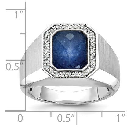 14k White Gold Men's Satin Sapphire Doublet Stone and 1/4 carat Diamond Complete Ring