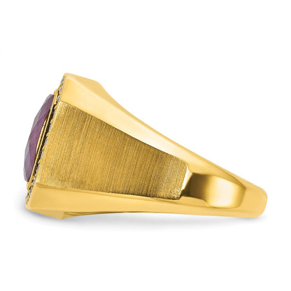 14k Yellow Gold Men's Satin Ruby Doublet Stone and 1/4 carat Diamond Complete Ring