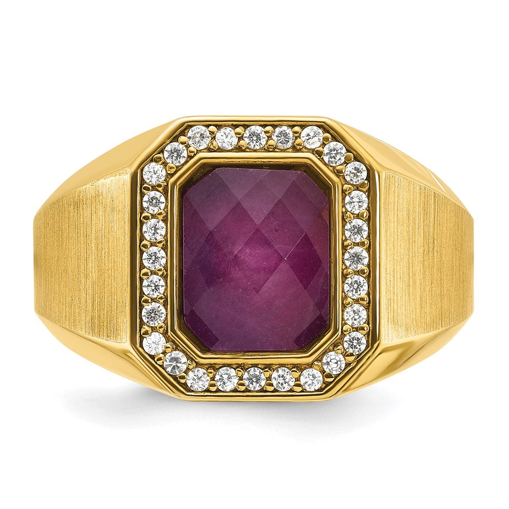 14k Yellow Gold Men's Satin Ruby Doublet Stone and 1/4 carat Diamond Complete Ring