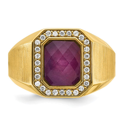 14k Yellow Gold Men's Satin Ruby Doublet Stone and 1/4 carat Diamond Complete Ring