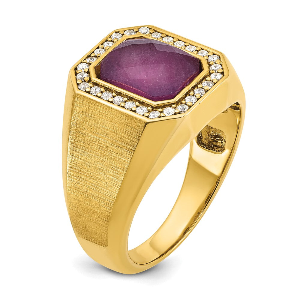 14k Yellow Gold Men's Satin Ruby Doublet Stone and 1/4 carat Diamond Complete Ring