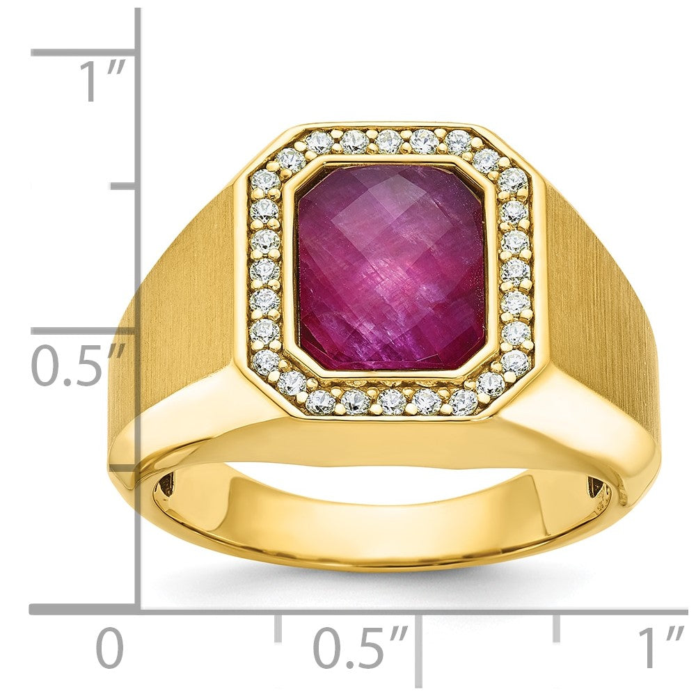 14k Yellow Gold Men's Satin Ruby Doublet Stone and 1/4 carat Diamond Complete Ring