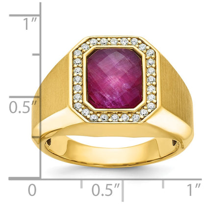 14k Yellow Gold Men's Satin Ruby Doublet Stone and 1/4 carat Diamond Complete Ring