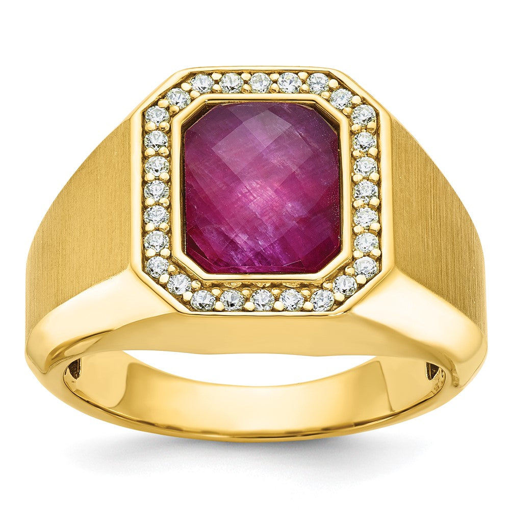 14k Yellow Gold Men's Satin Ruby Doublet Stone and 1/4 carat Diamond Complete Ring