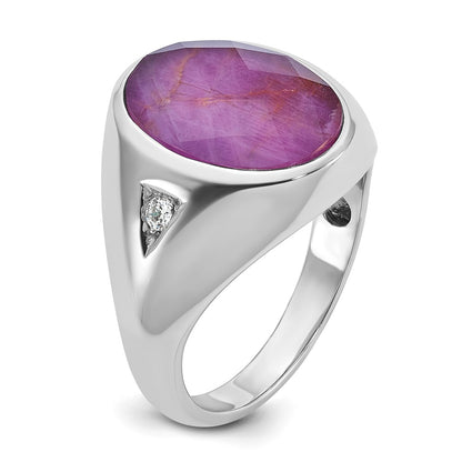 14k White Gold Men's Oval Ruby Doublet Stone and 1/15 carat Diamond Complete Ring