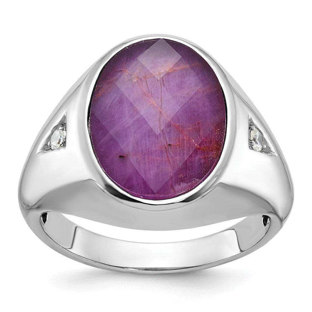 14k White Gold Men's Oval Ruby Doublet Stone and 1/15 carat Diamond Complete Ring