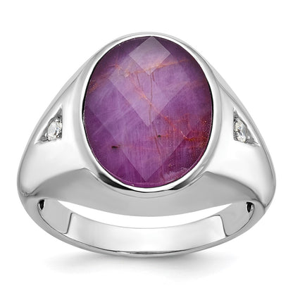 14k White Gold Men's Oval Ruby Doublet Stone and 1/15 carat Diamond Complete Ring