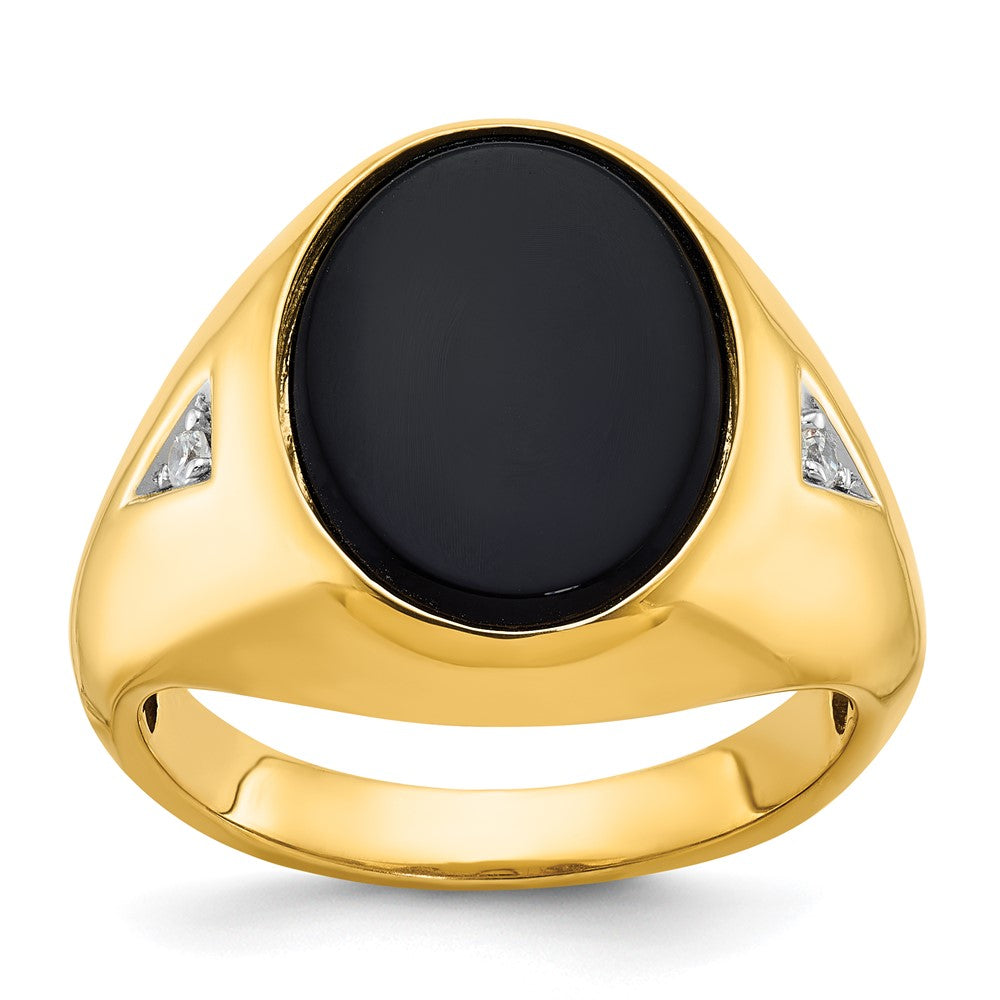 14k Yellow Gold Men's Oval Onyx and 1/15 carat Diamond Complete Ring