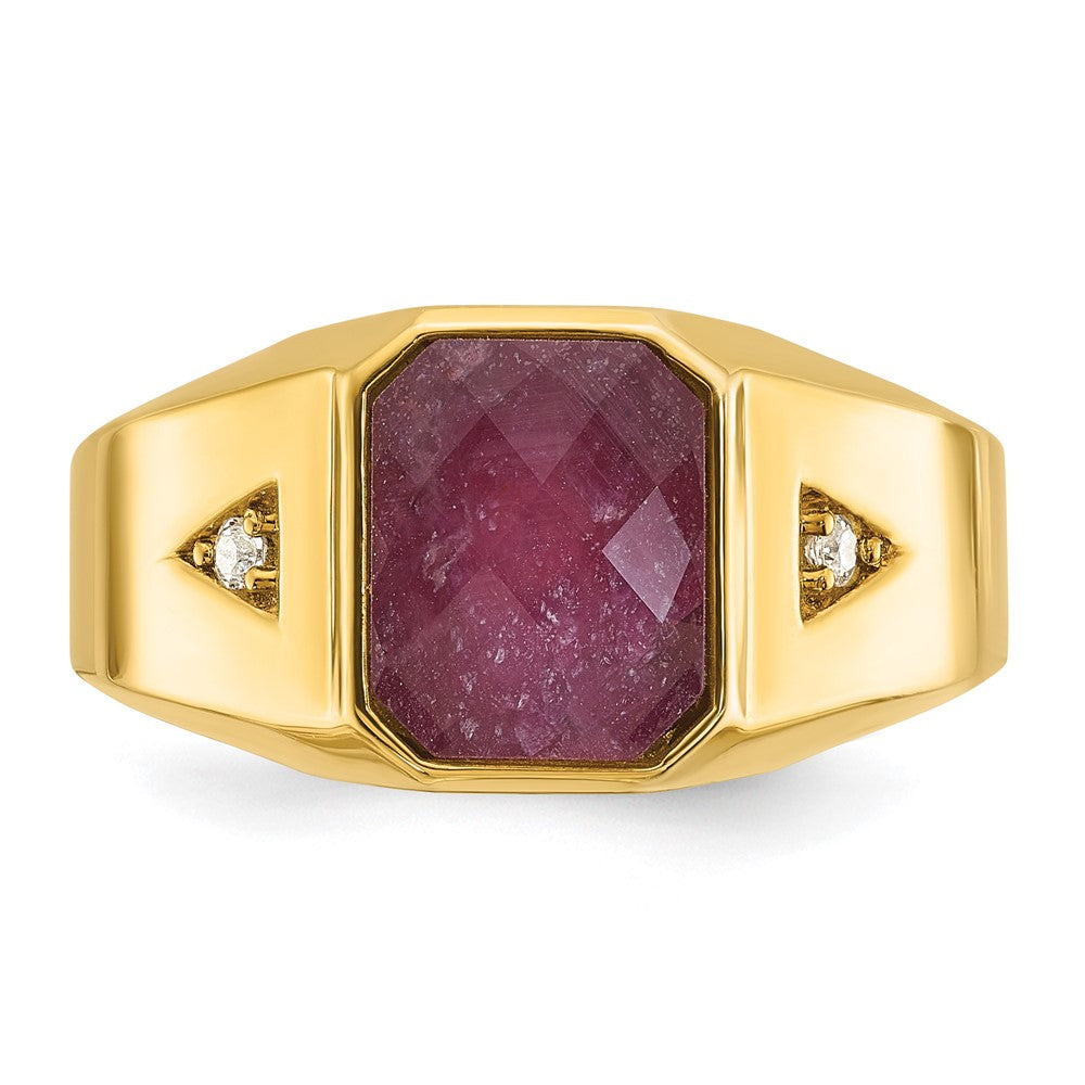 14k Yellow Gold Men's Ruby Doublet Stone and 1/20 carat Diamond Complete Ring