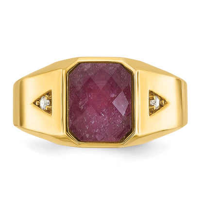 14k Yellow Gold Men's Ruby Doublet Stone and 1/20 carat Diamond Complete Ring