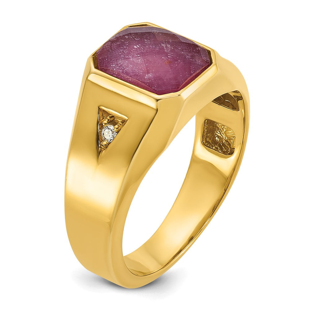 14k Yellow Gold Men's Ruby Doublet Stone and 1/20 carat Diamond Complete Ring