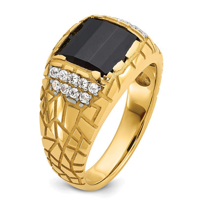 10K Yellow Gold Ibgoodman Men'S Polished And Nugget Textured Onyx 1/4 Carat A Quality Diamond Ring