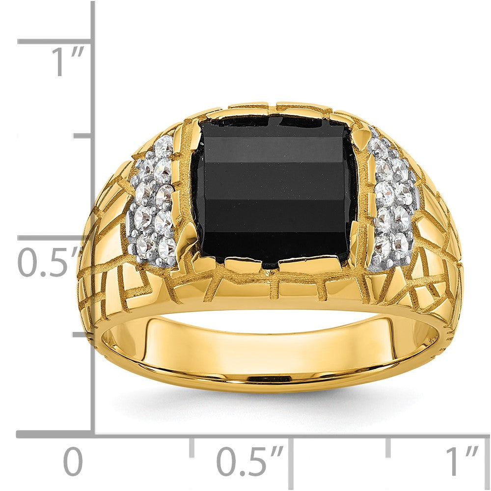 10K Yellow Gold Ibgoodman Men'S Polished And Nugget Textured Onyx 1/4 Carat A Quality Diamond Ring