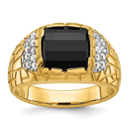 10K Yellow Gold Ibgoodman Men'S Polished And Nugget Textured Onyx 1/4 Carat A Quality Diamond Ring