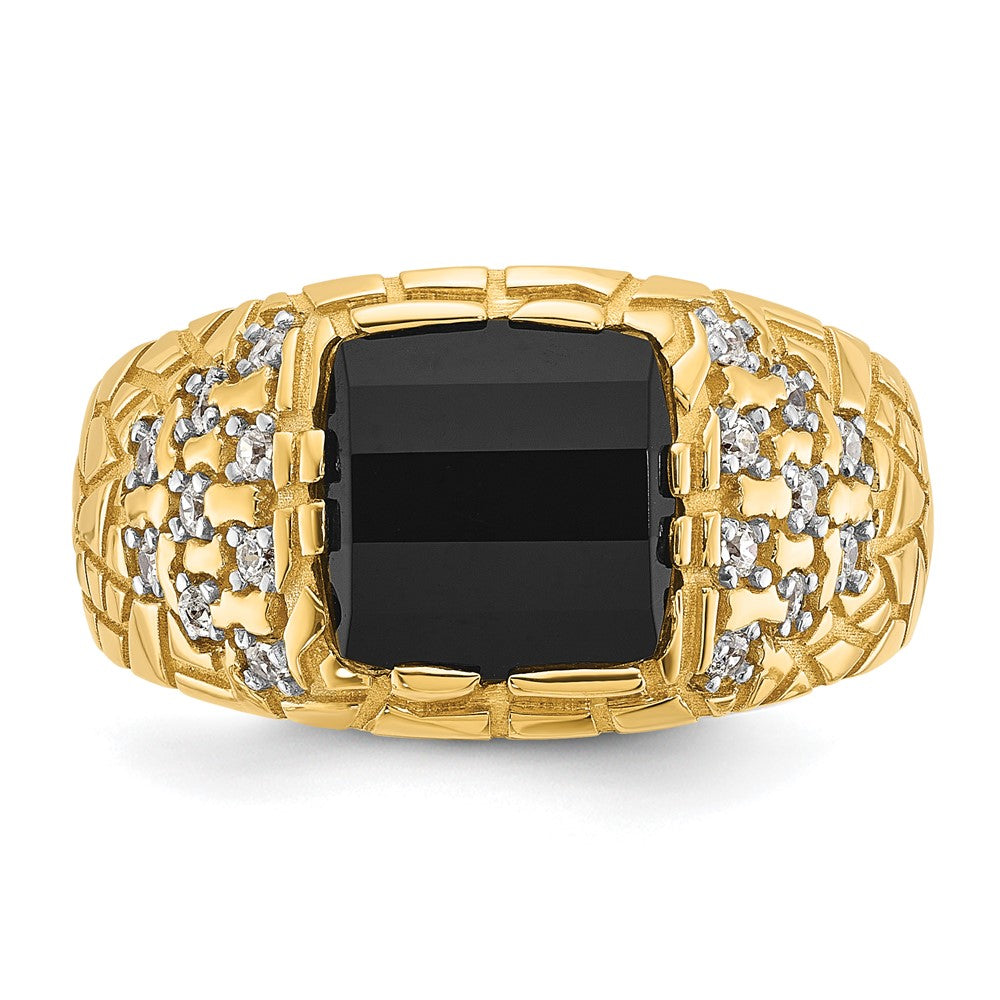 14k Yellow Gold Men's Onyx and 1/4 carat Diamond Nugget Complete Ring