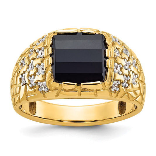 14k Yellow Gold Men's Onyx and 1/4 carat Diamond Nugget Complete Ring