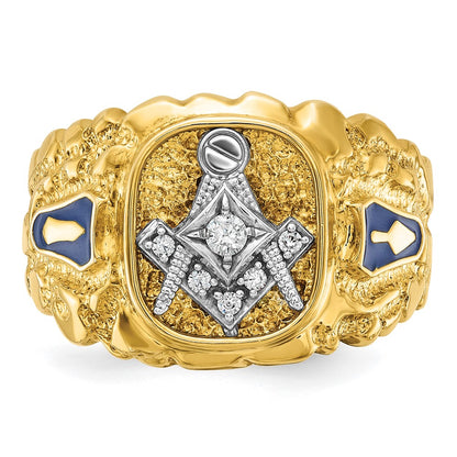 14k Two-tone Gold Men's Polished and Nugget Textured Diamond Blue Lodge Master Masonic Ring